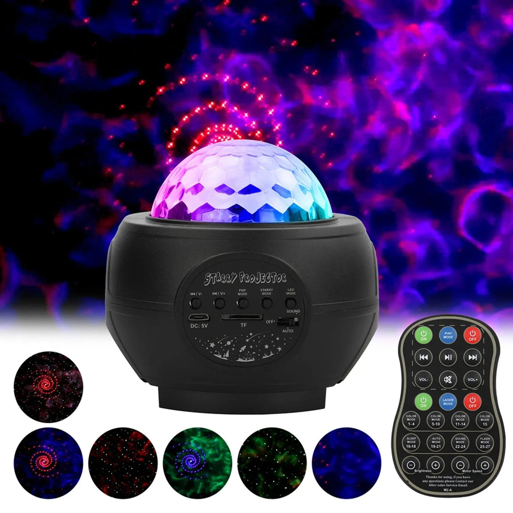 Mini laser light planet starry sky projection lamp with LED and laser sources, USB powered, black colour, showing star field effect