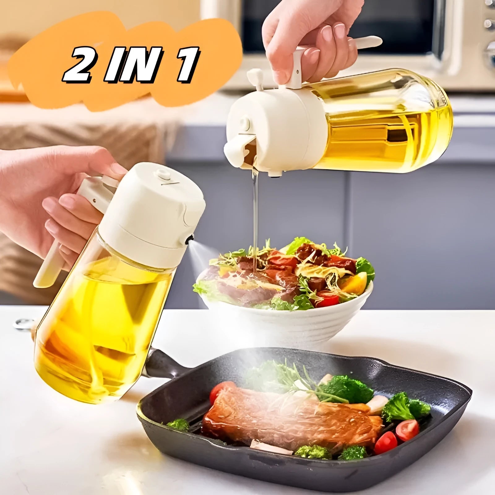 470ml glass oil sprayer dispenser in beige, yellow, green or black with spray and pour functions