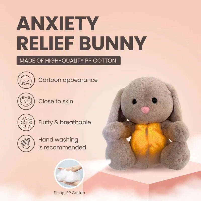 A soft, plush bunny toy with a rhythmic breathing motion and calming lights designed to soothe and comfort newborns and infants.