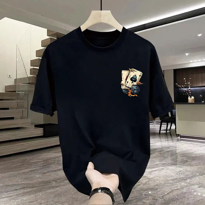 Men's black and white heavy cotton short-sleeved t-shirt shown in multiple sizes