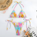 Women's triangle bag bikini with printed floral gradient pattern and smocking craft detailing