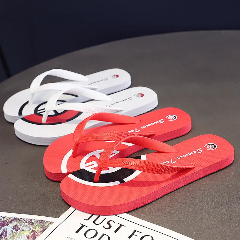 PVC summer flip-flops in White, Royal Blue, Black, and Red, sizes XS to L for 38-45 feet