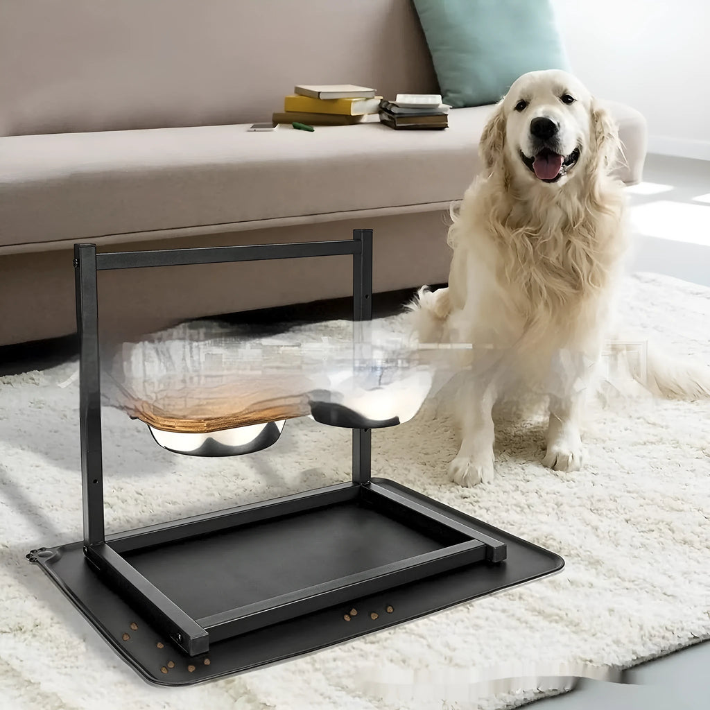 Large black metal dog bowl holder on floor for medium to large dogs.