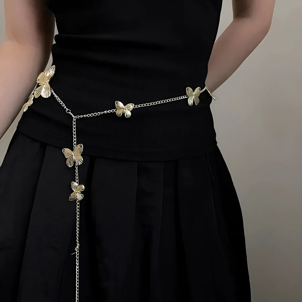 Gold and silver butterfly waist chain belt for women, showing alloy construction and length.