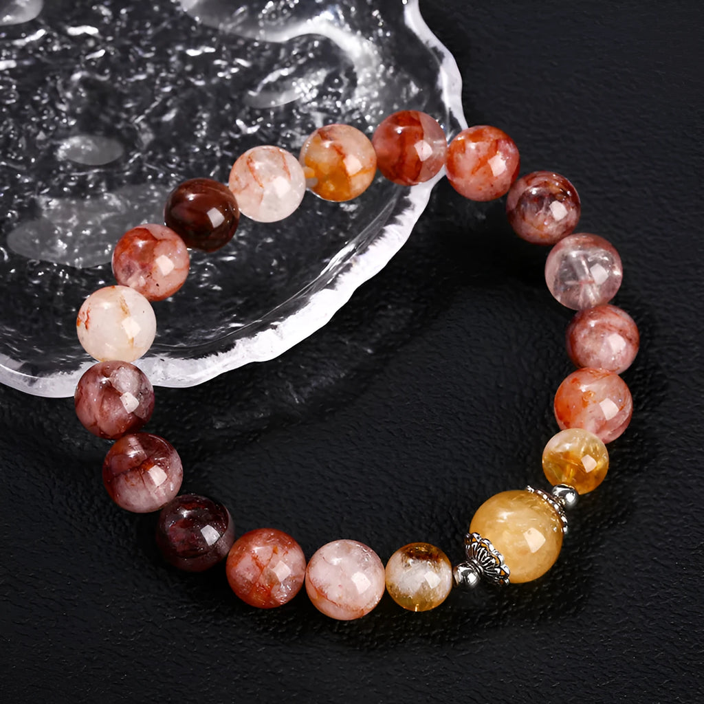 Handmade red sealant flower crystal bracelet with round 10mm citrine lucky beads