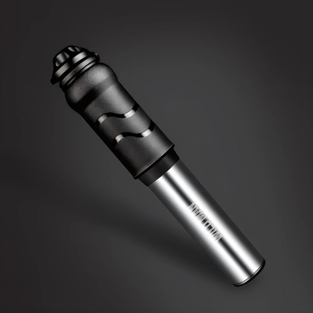 WILD MAN portable mini bike pump in Black or Silver, 158mm stored length, approximately 100PSI, Presta and Schrader valve switch
