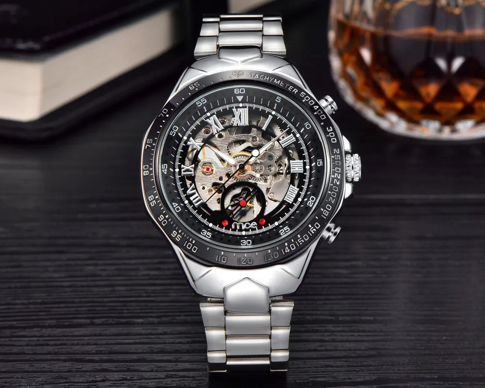 Men's MCE mechanical watch with explosion-proof feature, shown in one of four available colour options.