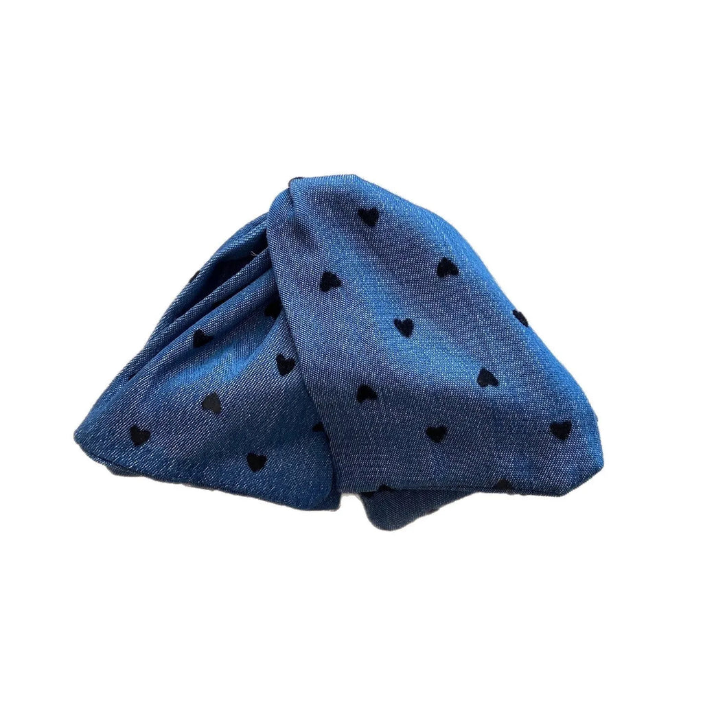 Women's denim bow triangle hair grip with fabric and acrylic details on plastic hairpin
