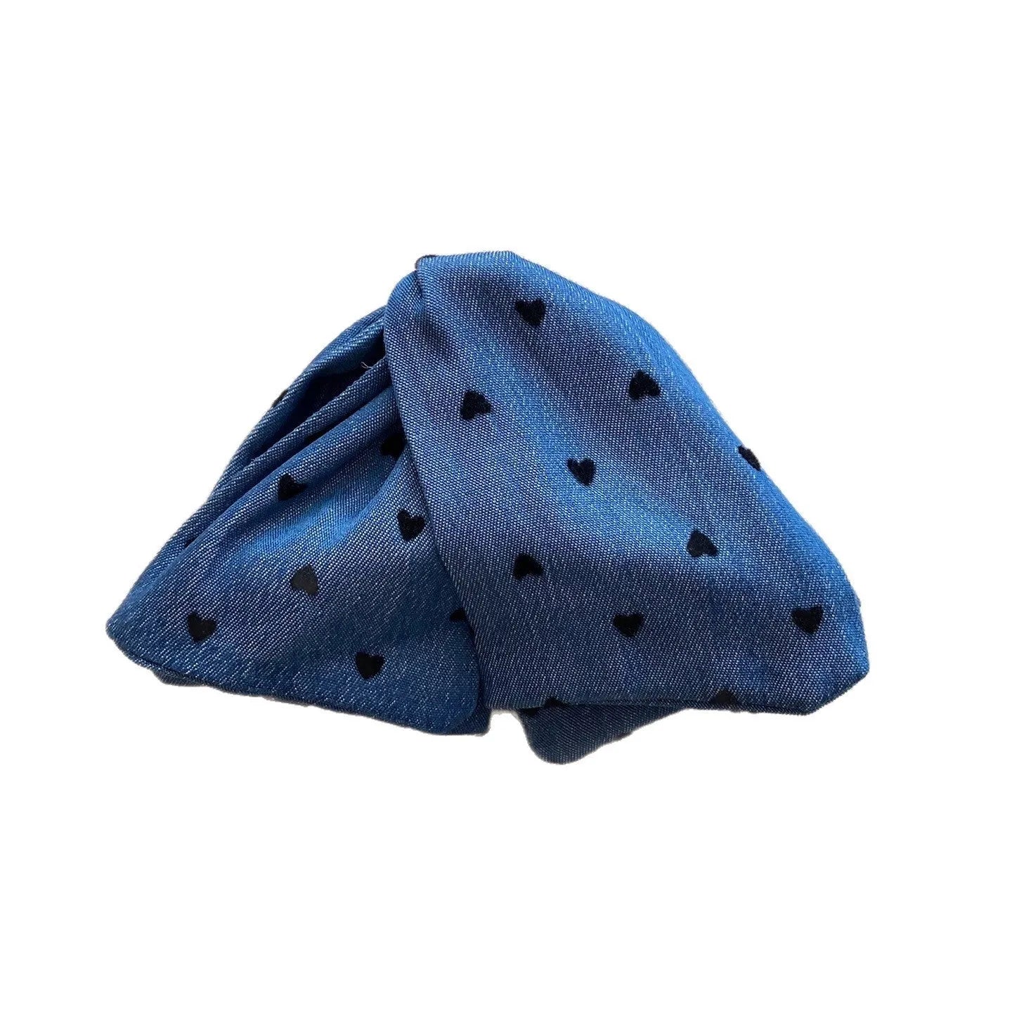 Women's denim bow triangle hair grip with fabric and acrylic details on plastic hairpin