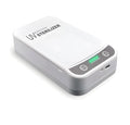 White plastic UV disinfection box open, showing internal chamber and UV lamps for sanitising phones.