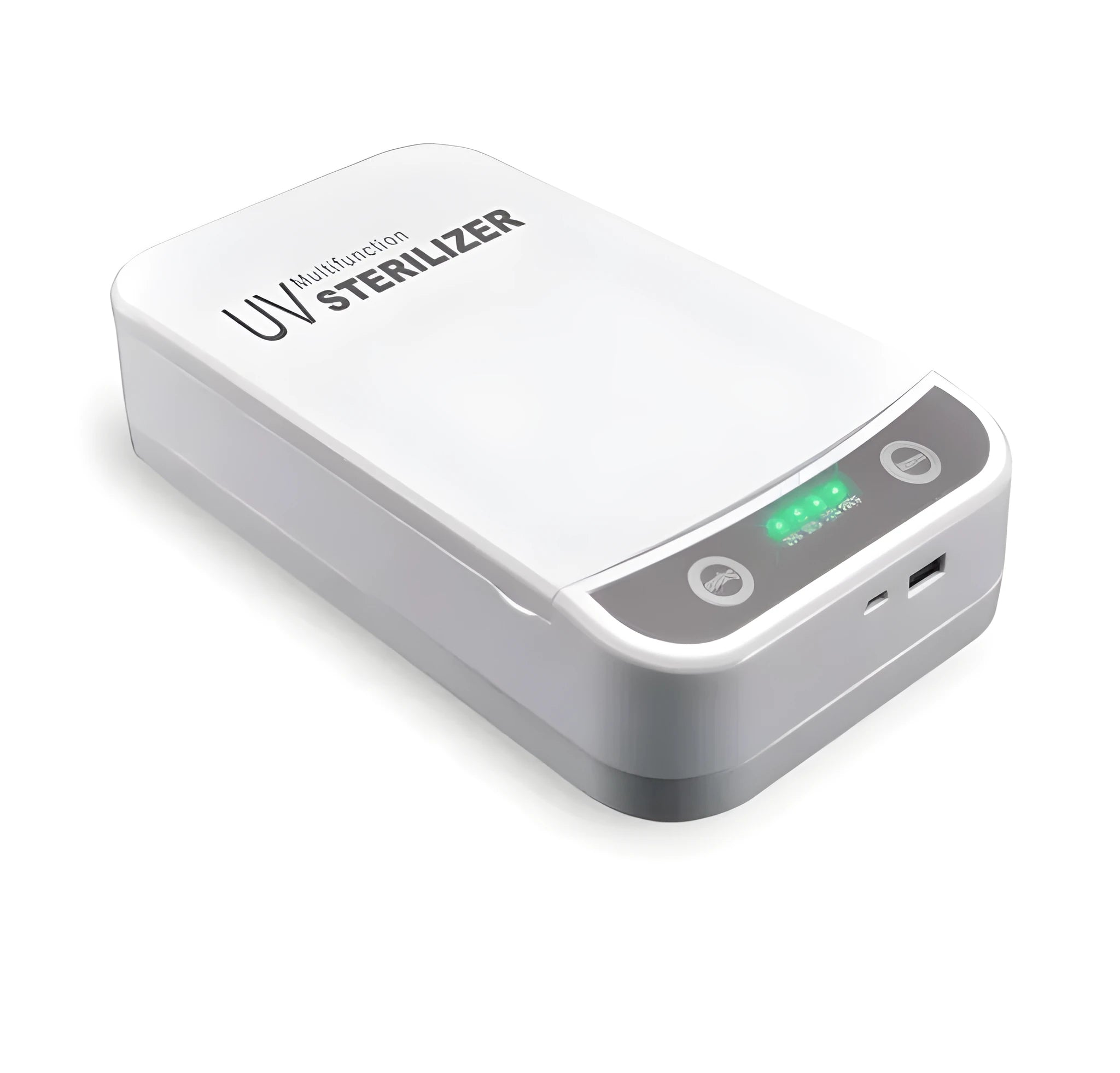White plastic UV disinfection box open, showing internal chamber and UV lamps for sanitising phones.
