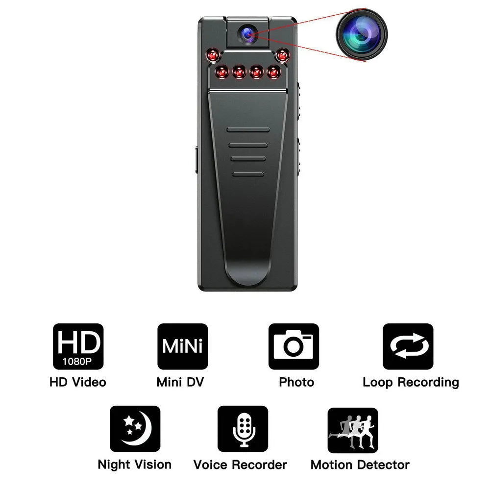 Black 1080p HD DV home camera with night vision, shown with one-button controls and a rotatable lens.