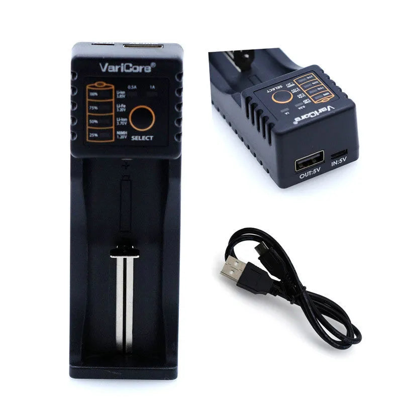 V10 universal battery charger for 18650, 26650, AA and AAA with USB boost output and LED indicator
