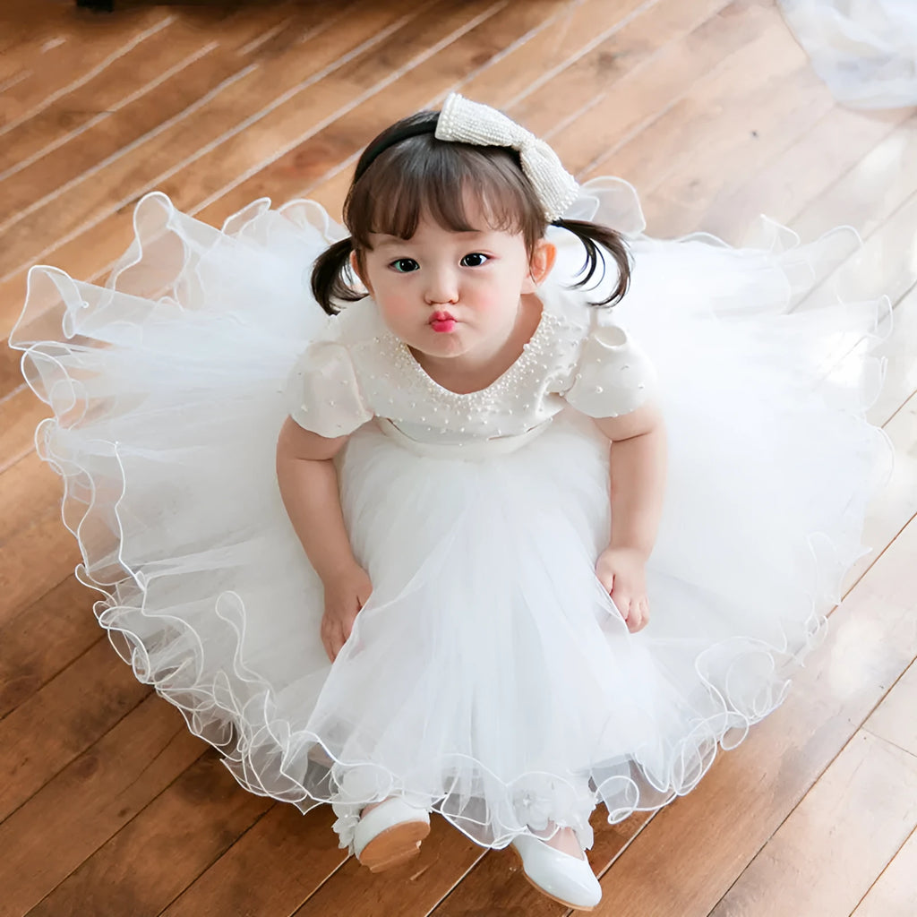 White polyester baby full-year banquet dress with bubble skirt, suitable for heights 80cm to 140cm