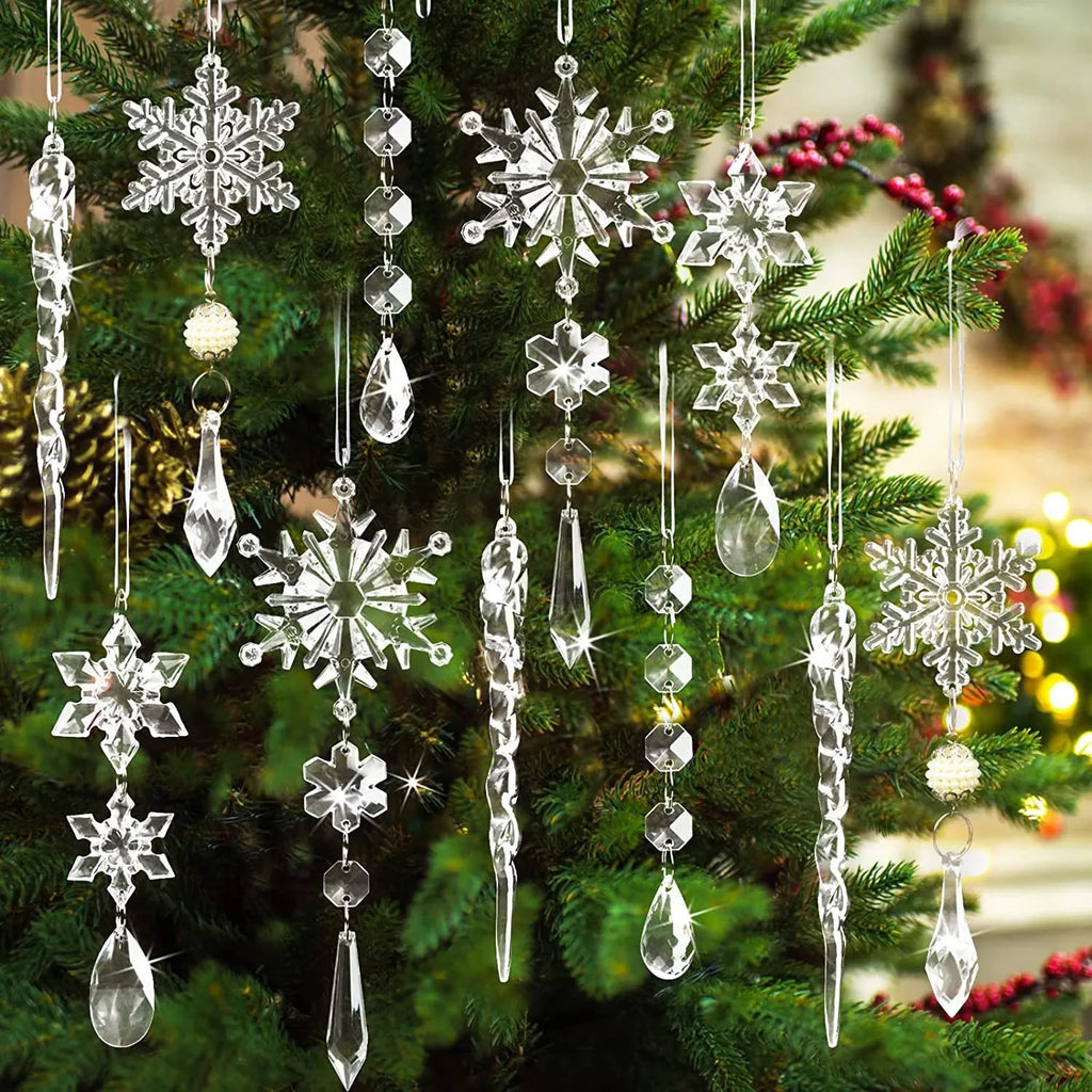 Set of 10 transparent acrylic icicle and snowflake Christmas tree hanging ornaments with ribbons.