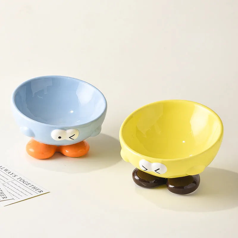 Ceramic pet bowl with oblique tall design in blue colour for cervical spine protection