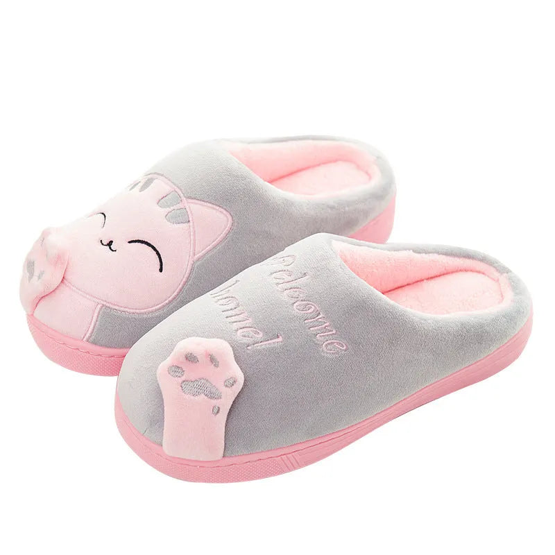 Cute cat slippers winter plush home shoes non-slip EVA sole lucky cat pink colour pair