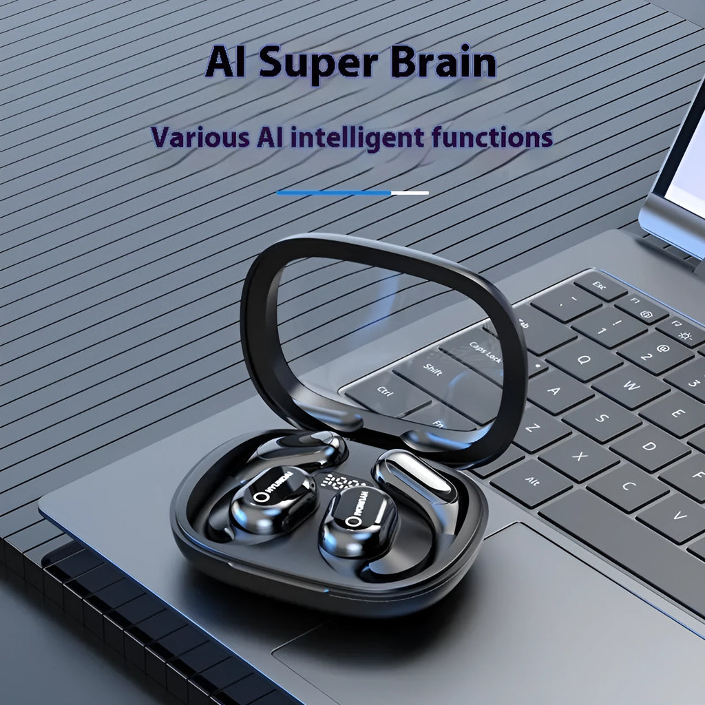 Simultaneous interpretation Bluetooth headset in black with AI translation, noise reduction, ear hook, and charging bin.