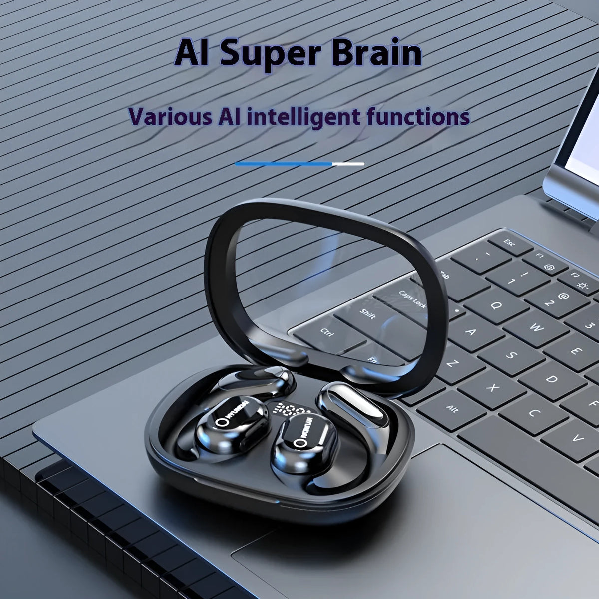 Simultaneous interpretation Bluetooth headset in black with AI translation, noise reduction, ear hook, and charging bin.