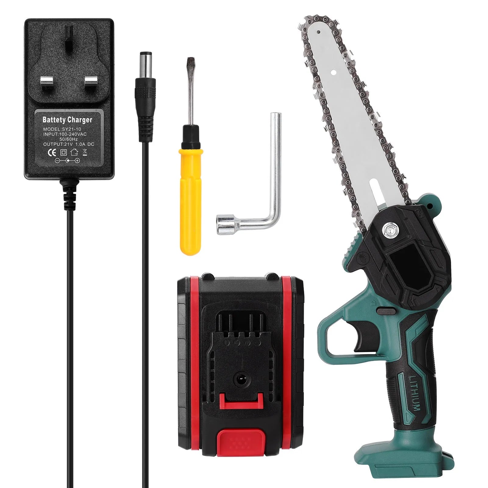 Black mini electric chainsaw with 4-inch guide bar held in one hand, showing lightweight cordless design.