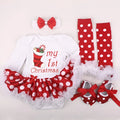 Four-piece Christmas baby clothing set featuring a cotton romper, headband, sock, and shoe for newborns.
