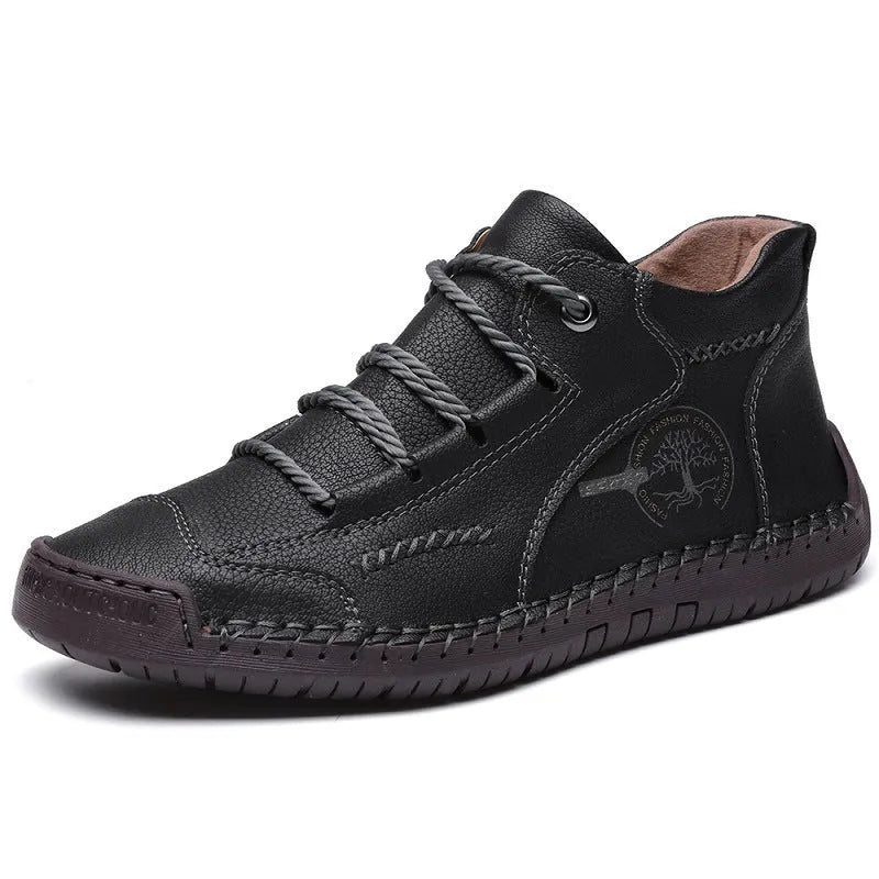 Men's leather high-top casual shoes in army green with front lace-up and round toe design