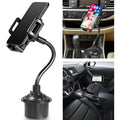 Black universal car phone mounting bracket with adjustable side handles, shown with suction cup and clip hook attachments