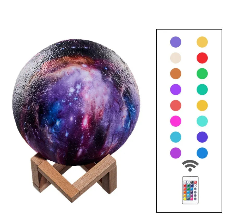 3D-printed spherical lunar night light with remote control on a dark surface.