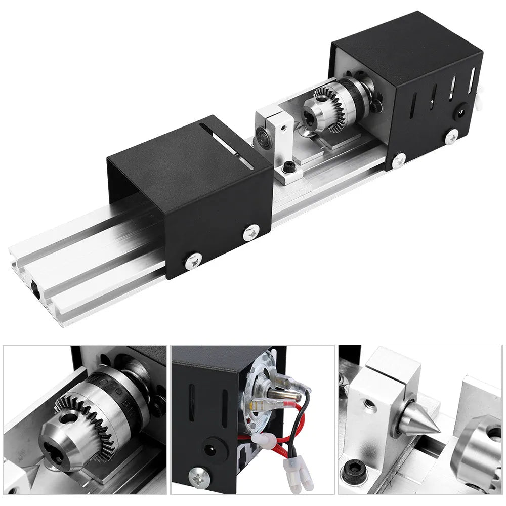 Silver metal mini manual woodworking lathe with tools on a workbench