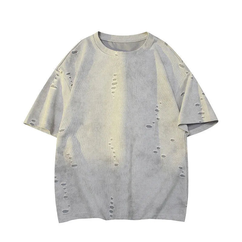 Men's loose fit ripped short sleeve cotton blend T-shirt in blue grey khaki colours