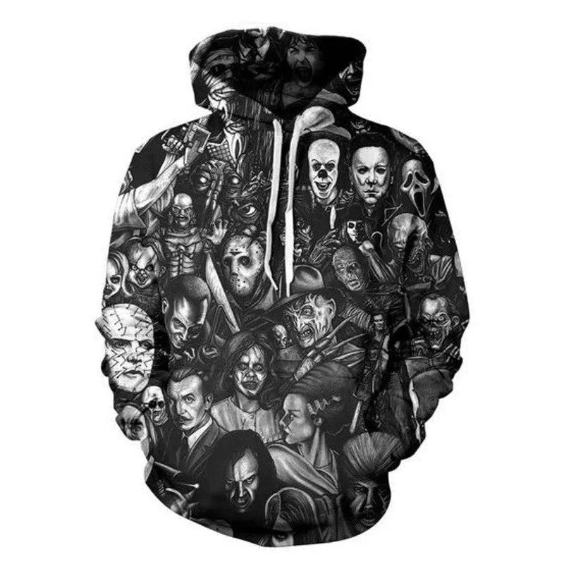 3D horror character printed black polyester hoodie front view with graphic