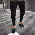 Blue streetwear ripped jeans with distressed finish on legs, straight-leg high-waist design, size S to 4XL
