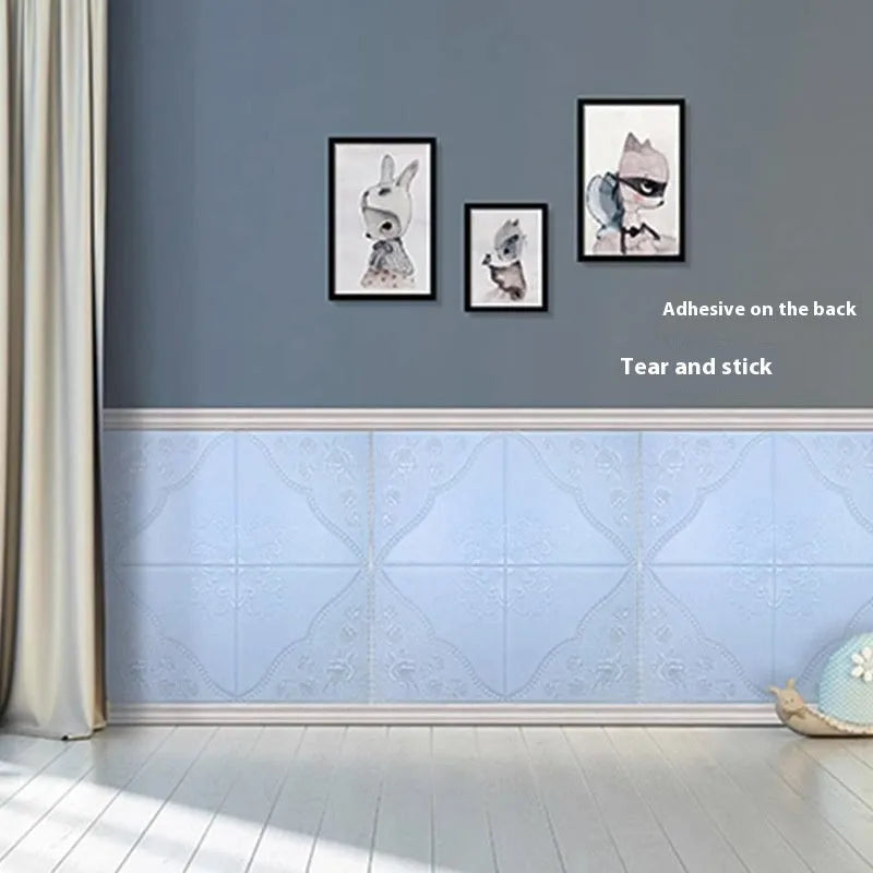 Light blue 3D plants and flowers pattern on a square 70cm x 70cm self-adhesive XPE foam wall sticker.