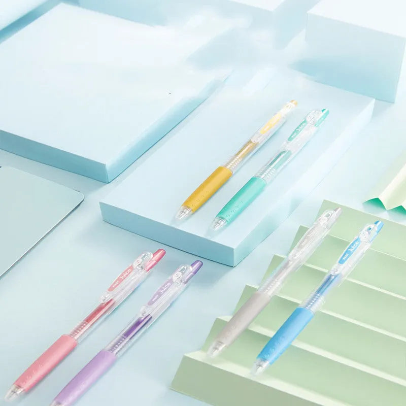 Baiguole 0.5mm gel pen in metallic gold, silver, blue, red, pink, and green colours, length 143mm.