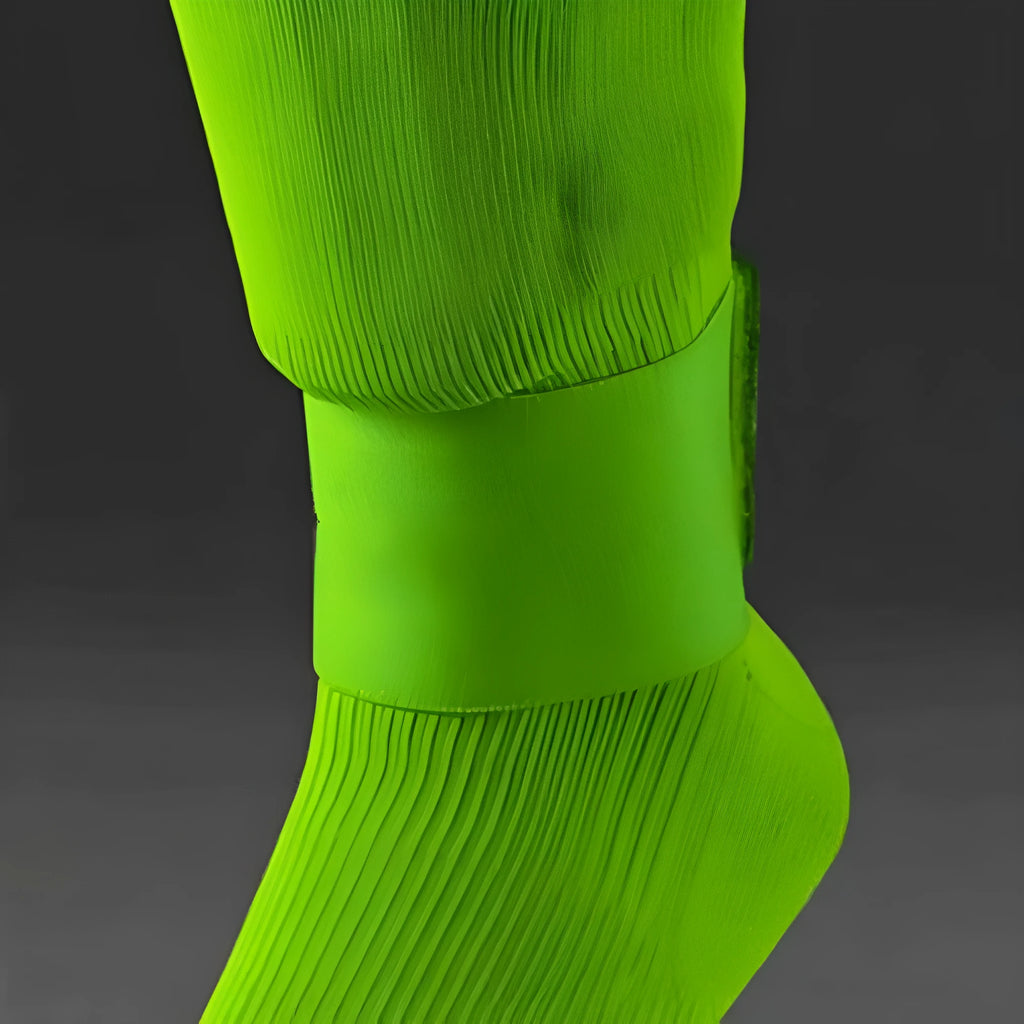 Adjustable red rubber football shin guard belt strap securing a shin pad