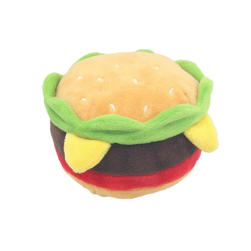 Plush pet squeaky toys in hamburger, French fries and milkshake cup designs for cats and dogs
