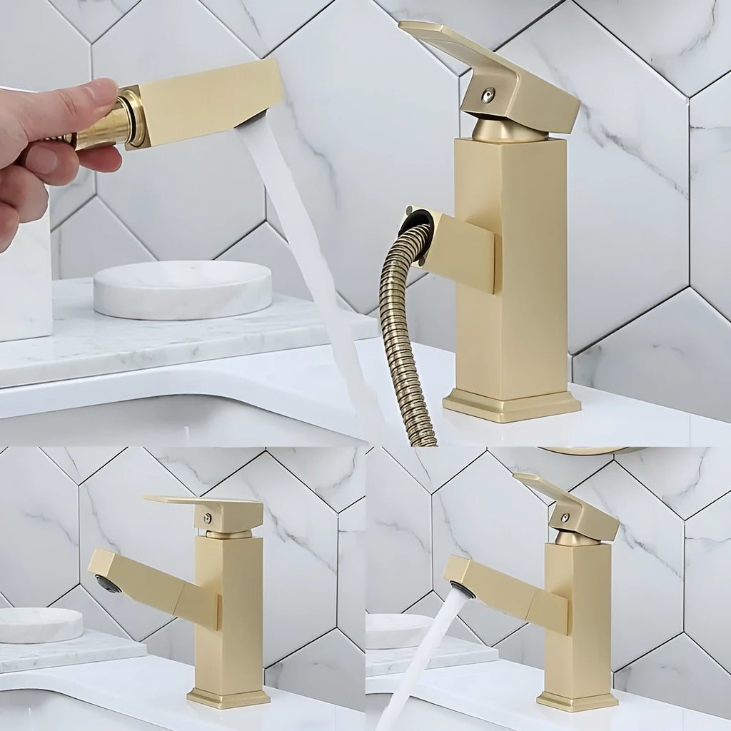 Nordic brass square pull kitchen faucet with brushed gold finish for 3.2-4.2 cm sink openings