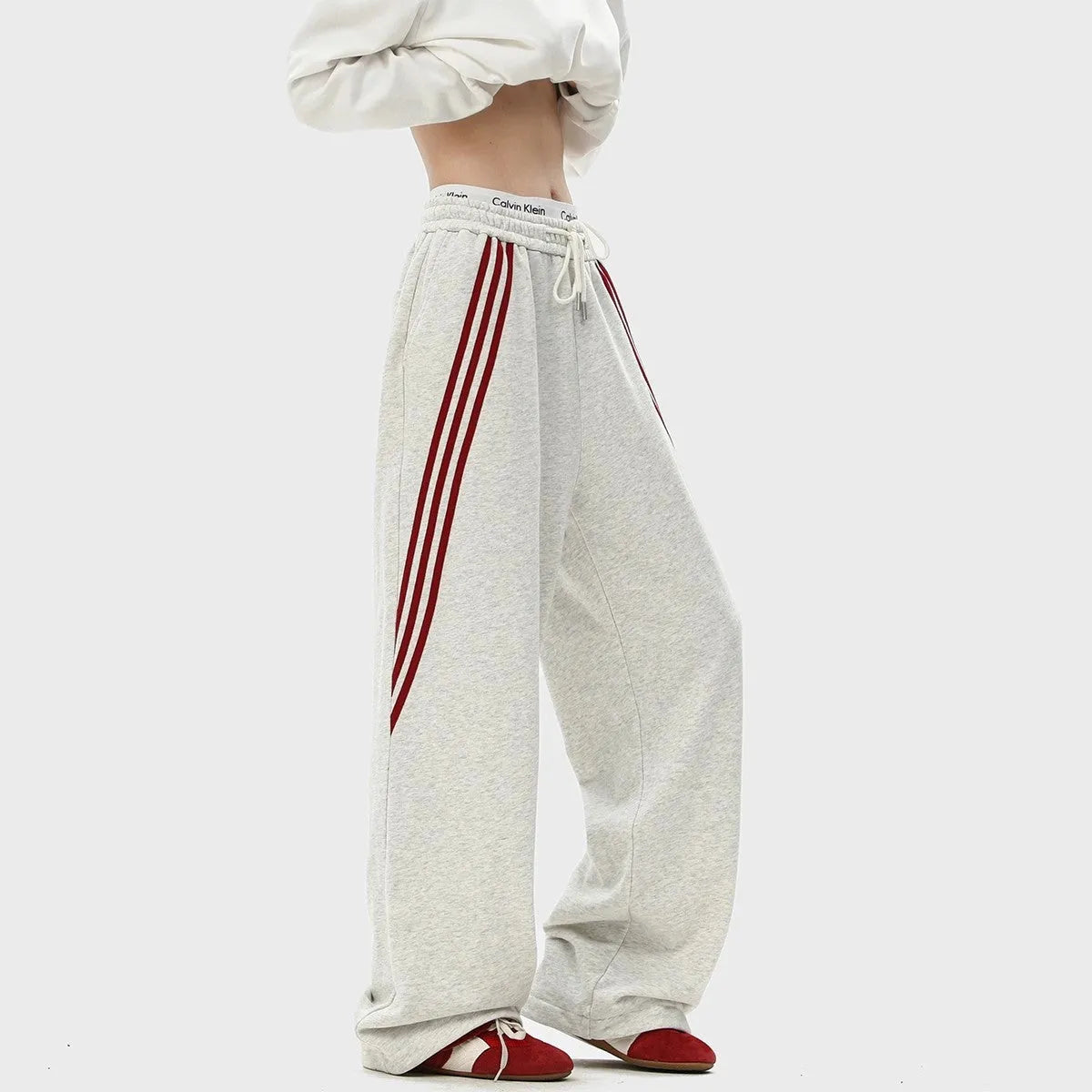 Men's striped loose straight-leg casual pants in black, white gray, or navy blue, sizes M to XXXL.