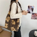 Cute bear print polyester shoulder bag in beige with soft handle and square vertical section shape