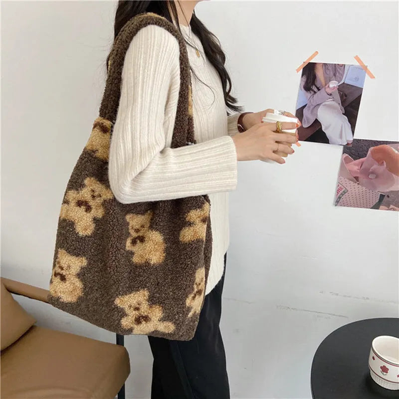 Cute bear print polyester shoulder bag in beige with soft handle and square vertical section shape