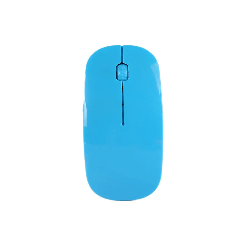 Wireless computer mouse with USB receiver available in seven colour choices on desk