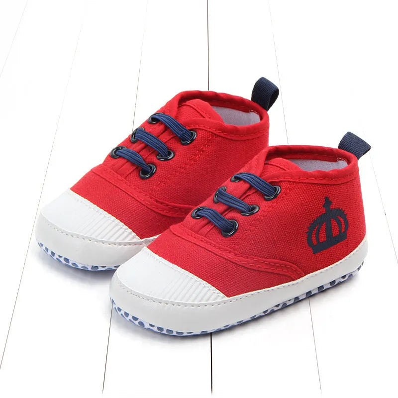 Red and white cotton canvas baby shoes with elastic band for toddlers