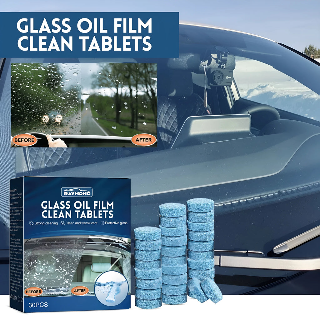 Box containing 30 car oil-removing film cleaning effervescent tablets for windscreen and glass surfaces