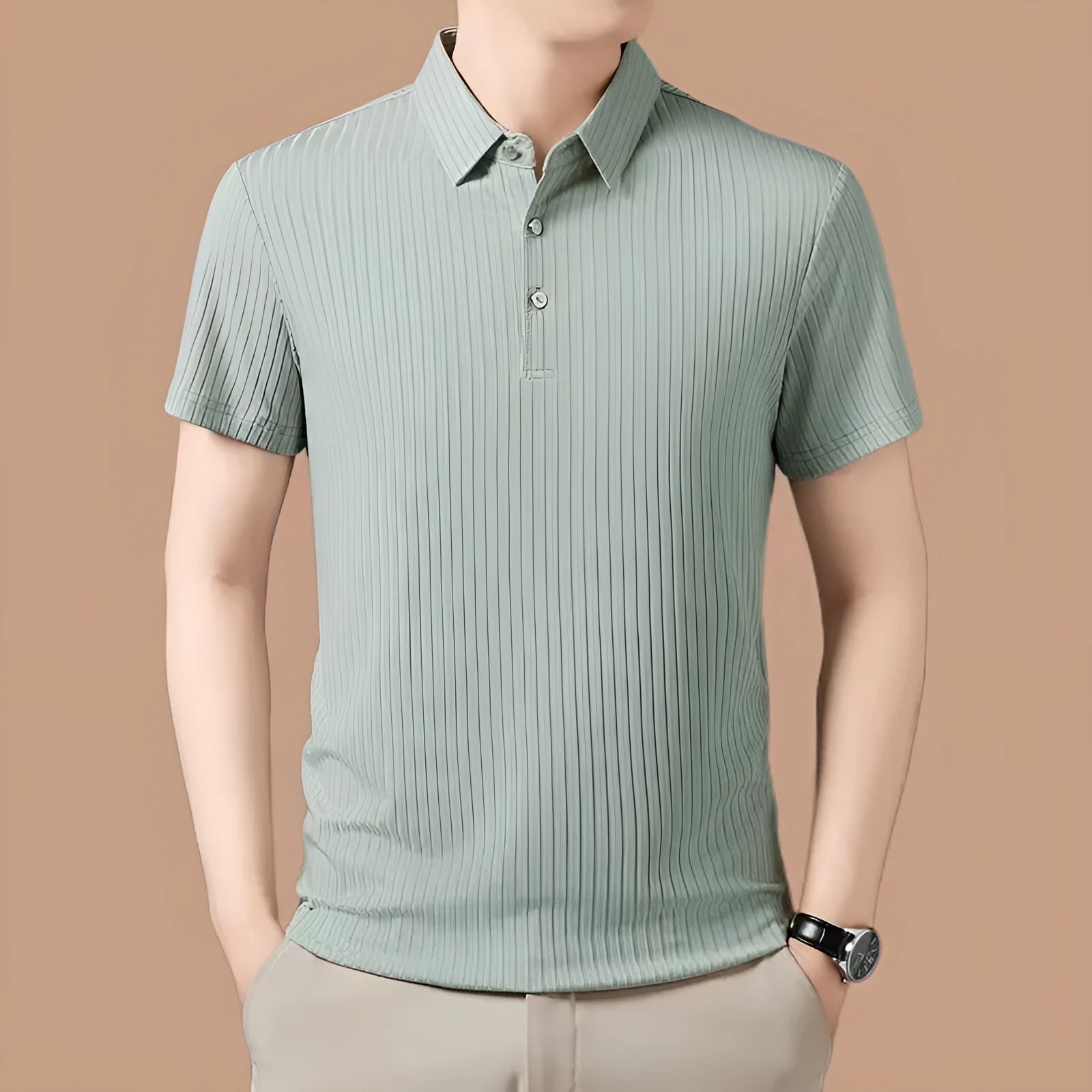 Men's ice silk polo shirt with striped pattern and asymmetric cut-out lapel in light green