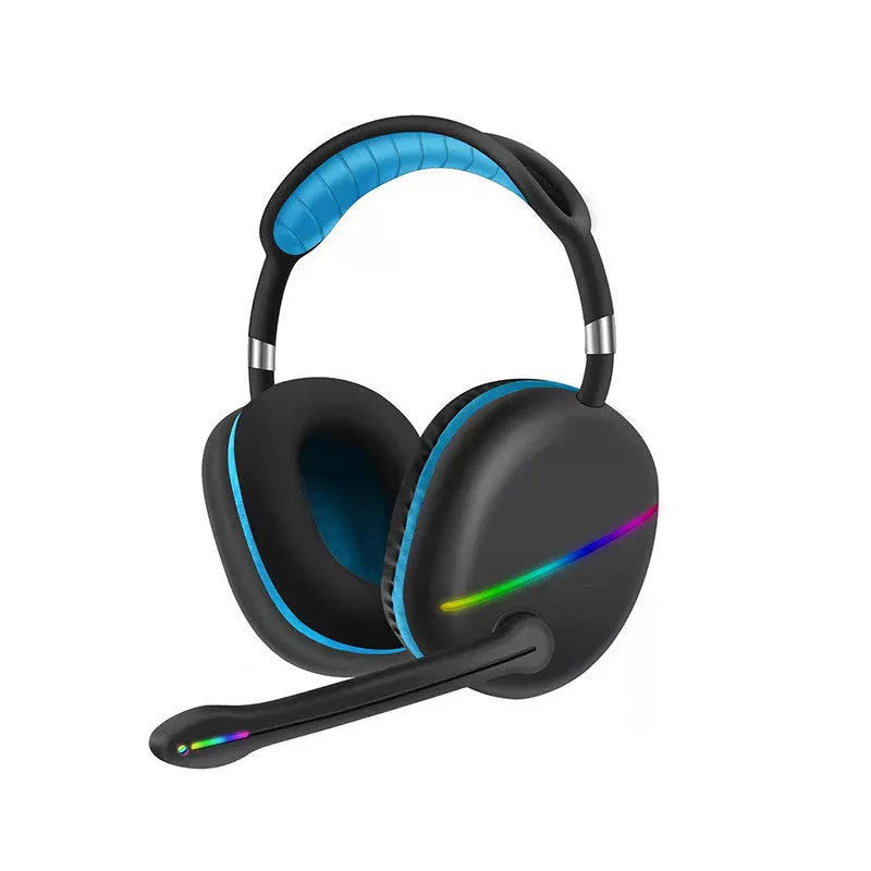 Blue wireless Bluetooth gaming headset with illuminated RGB lights on the ear cups.