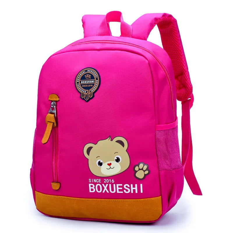 Cartoon bear school backpack for boys in deep blue and mei red colours with adjustable straps