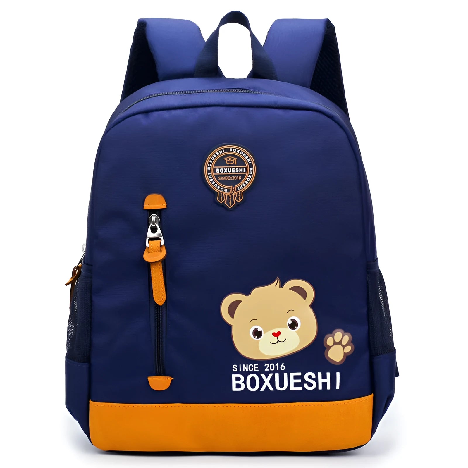 Cartoon bear school backpack for boys in deep blue and mei red colours with adjustable straps