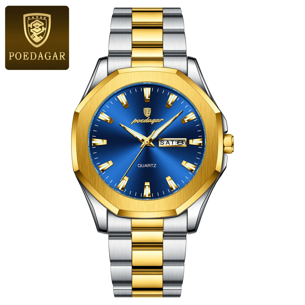 Men's steel strap quartz watch with business style and 9mm thickness, shown in a gold and blue colour variant.