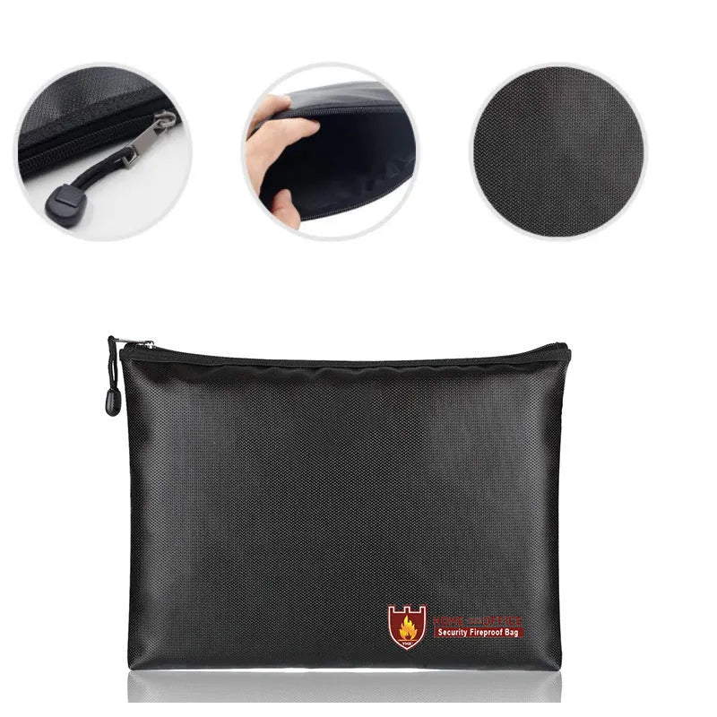Black fire-proof document bag for contracts and certificates, shown in three different sizes.