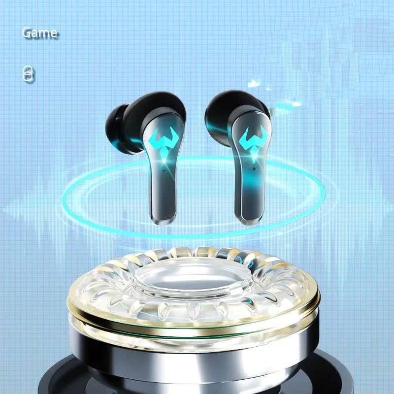 Black wireless in-ear Bluetooth headset for sports and gaming with noise cancellation